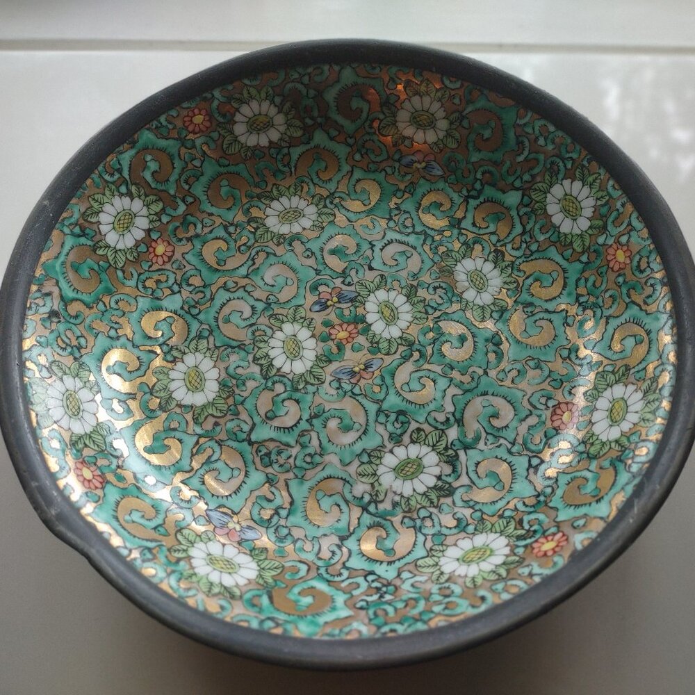 VTG Japanese Porcelain Metal Ware Encased Decorative Multi Colored Bowl 9.5" Dia